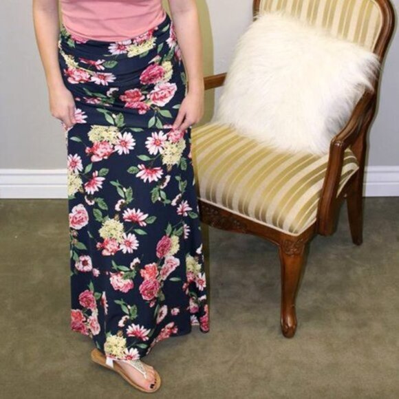 Dark Navy Blue Floral Flower Long Maxi Skirt Samll - Picture 5 of 5